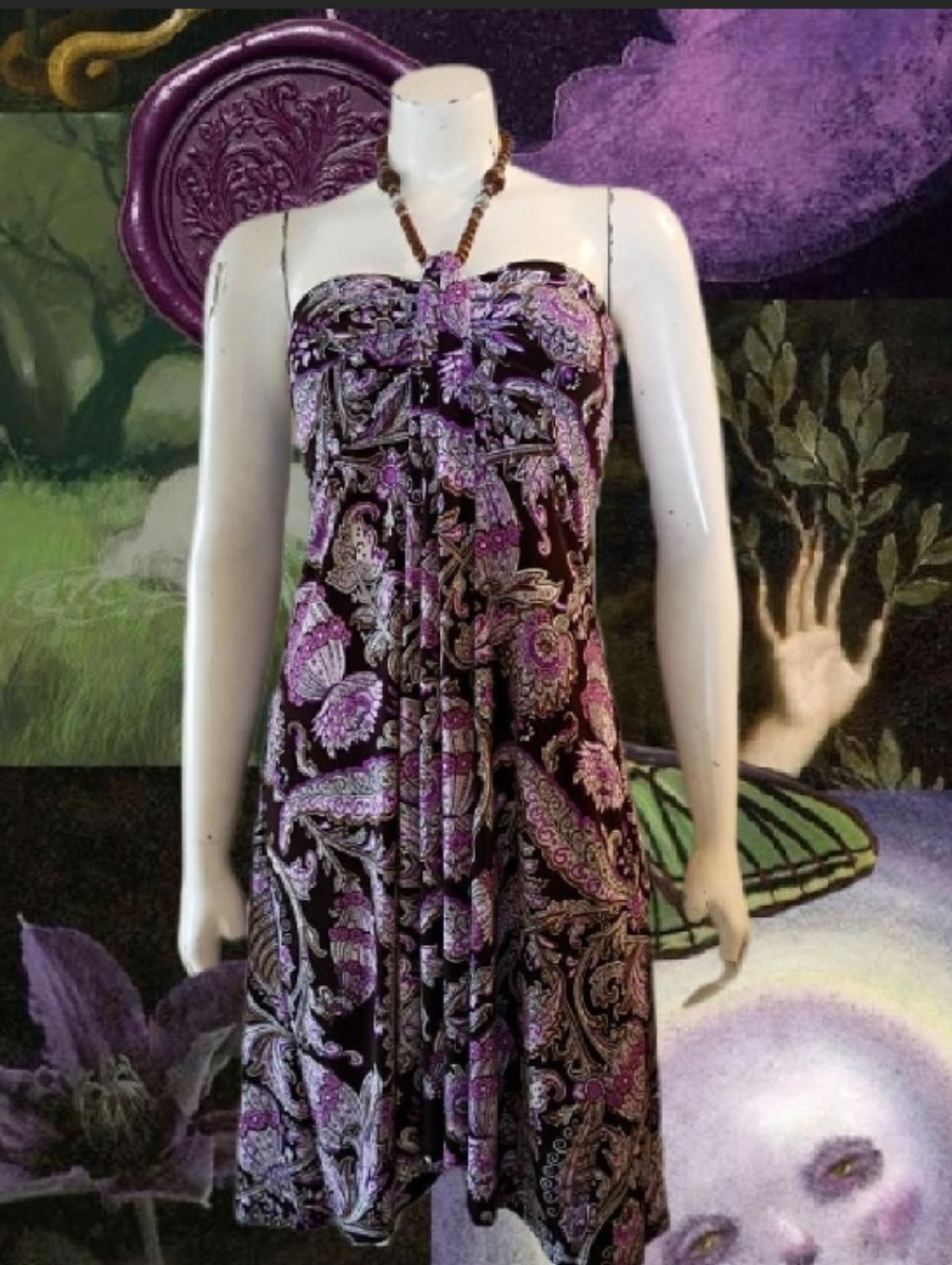 VTG Y2K R&M Richards Purple  Paisley Pattern Wood Beaded Halter Mini Dress Sz 14